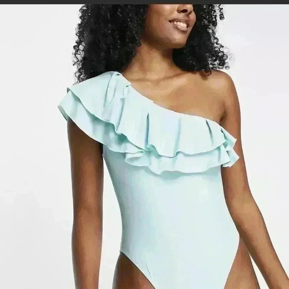 Tropic Frill One Shoulder Ruffle Swimsuit in Aqua - size medium - Picture 1 of 6